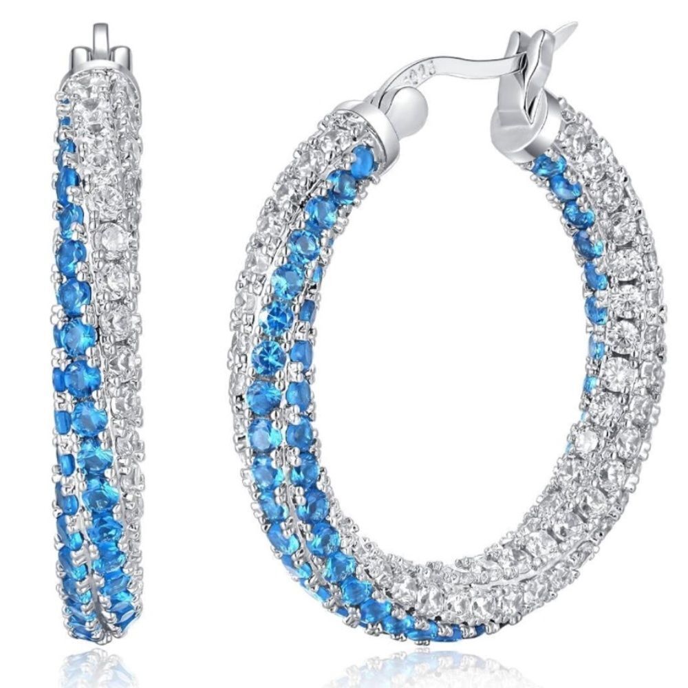 14K White Gold 925 Sterling Aquamarine and Diamond Cubic Zirconia Hoop Earrings